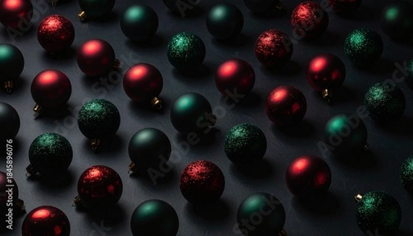 Fototapeta Dark Red and Green Christmas Baubles Background Pattern
