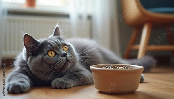 Fototapeta Grey cat lying beside food bowl in cozy indoor setting  