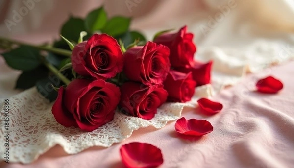 Fototapeta Bunch of red roses with petals on soft pastel fabric background  