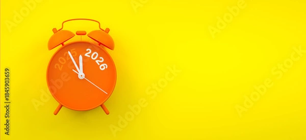 Fototapeta Vinatge Alarm clock turning 2025 into 2026 shows the New Year countdown of time transition, future planning, celebration and year end change while 2025 fading away