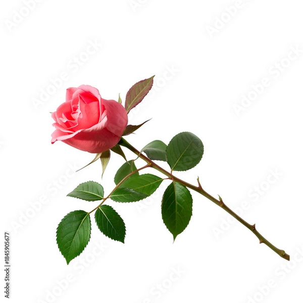 Fototapeta red rose isolated on white background, isolated pink rose flower with stem and leaves on transparent background
