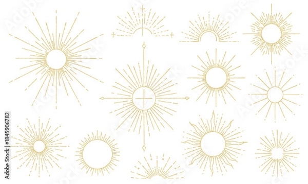 Obraz 線画のサンバースト（光線・太陽）のイラストセット,集中線,ヴィンテージ,神秘的,高級感,ベクター,シンプル