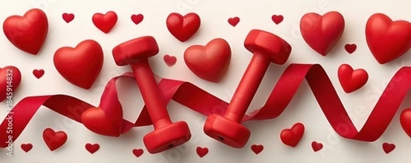 Fototapeta Valentine's fitness gift: red dumbbells with ribbon and hearts for love and wellness