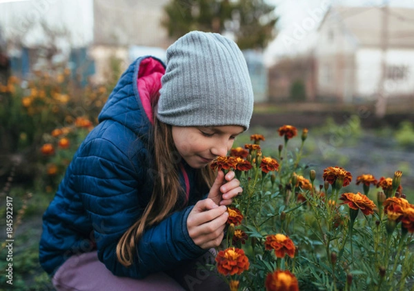Obraz Photo, portrait of a child, teenage girl in a garden, vegetable garden with plants, smelling marigold flowers, outdoors in autumn.