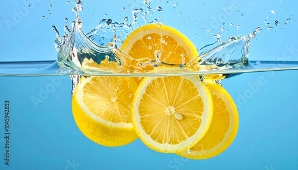 Fototapeta Fresh lemon slices falling deep underwater with a powerful splash and bubbles, captured on a vibrant blue background for refreshing beverage concepts.