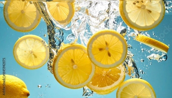 Fototapeta Fresh lemon slices falling deep underwater with a powerful splash and bubbles, captured on a vibrant blue background for refreshing beverage concepts.