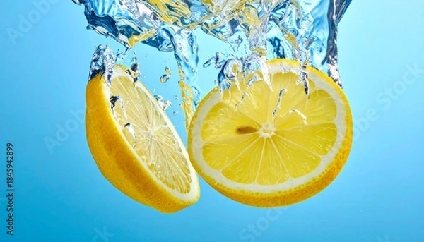 Fototapeta Fresh lemon slices falling deep underwater with a powerful splash and bubbles, captured on a vibrant blue background for refreshing beverage concepts.