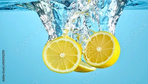 Fototapeta Fresh lemon slices falling deep underwater with a powerful splash and bubbles, captured on a vibrant blue background for refreshing beverage concepts.