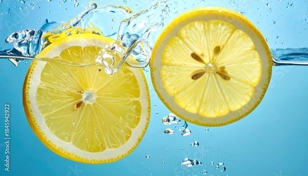 Fototapeta Fresh lemon slices falling deep underwater with a powerful splash and bubbles, captured on a vibrant blue background for refreshing beverage concepts.