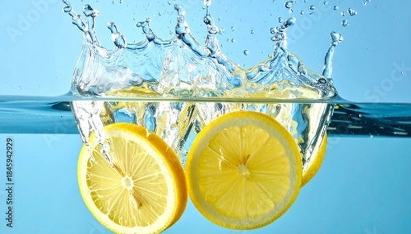 Fototapeta Fresh lemon slices falling deep underwater with a powerful splash and bubbles, captured on a vibrant blue background for refreshing beverage concepts.
