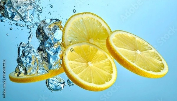 Fototapeta Fresh lemon slices falling deep underwater with a powerful splash and bubbles, captured on a vibrant blue background for refreshing beverage concepts.