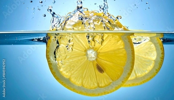 Fototapeta Fresh lemon slices falling deep underwater with a powerful splash and bubbles, captured on a vibrant blue background for refreshing beverage concepts.