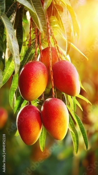Obraz Ripe Mangoes Hanging from Lush Green Tree Branch