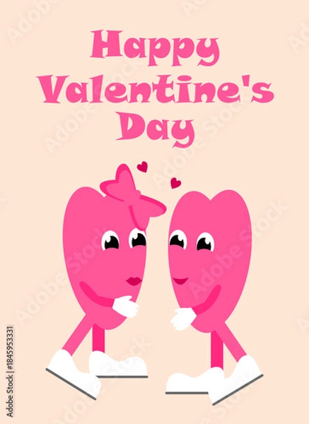 Fototapeta Valentine's Day card with a pair of cute hearts in a groovy style