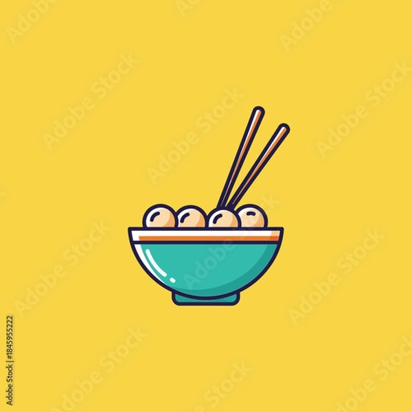 Fototapeta Minimalist illustration of a bowl of meatballs with chopsticks on a yellow background.