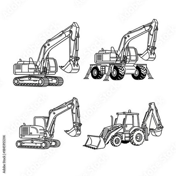 Fototapeta Set of various construction vehicles including excavators and backhoe loader line art.