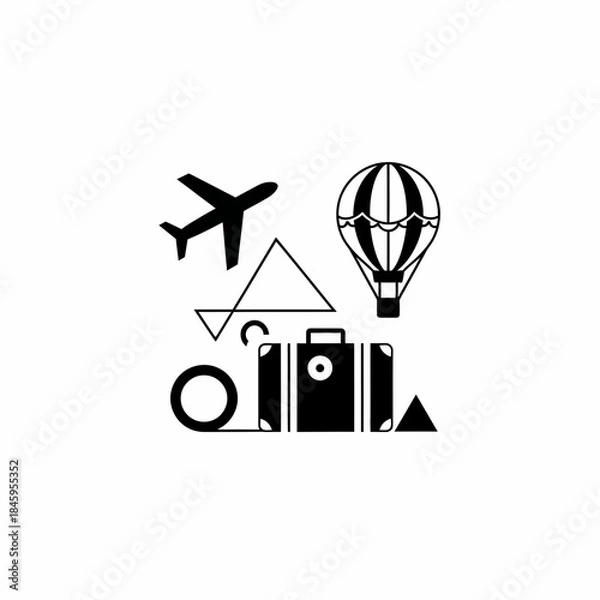 Fototapeta Travel icons with airplane hot air balloon and suitcase.