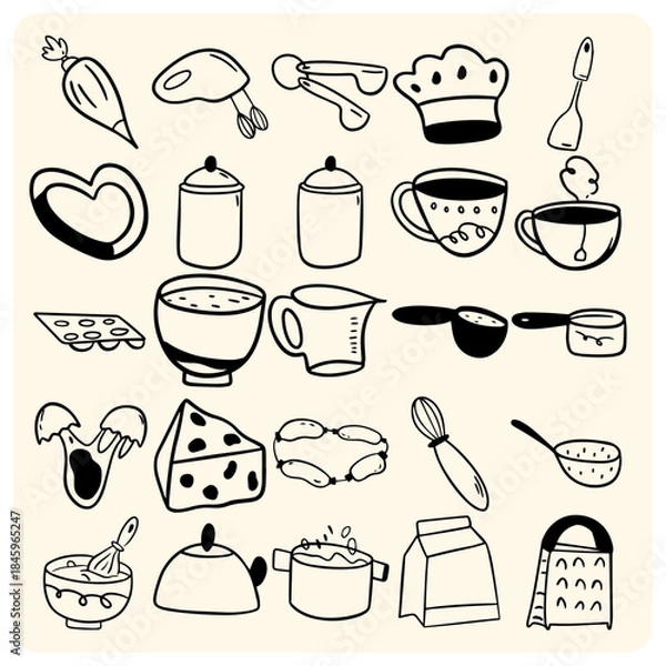 Fototapeta Detailed Kitchen Utensils and Cooking Doodles Set