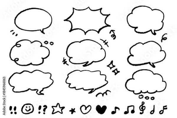 Fototapeta クレヨン風手描き吹き出しセット 線画の漫画スピーチバブルと感情アイコン素材