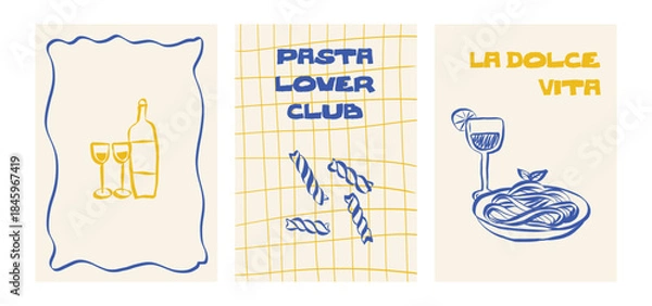 Obraz Italian food illustration with pasta, wine bottle and cheese. Hand drawn doodle sketch featuring spaghetti and drink for restaurant menus and dinner party invitations. Whimsical Vector illustration