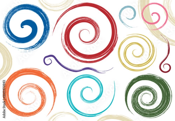 Fototapeta 手書き筆タッチの和風ぐるぐるうずまき素材セット/伝統色