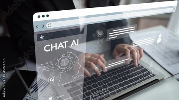 Obraz AI Virtual Assistant Artificial Intelligence Chatbot Controlled by Prompt Engineering for Explainable Generative AI information and LLM Deep Learning Technology for Smart Business Work Support. Muxer