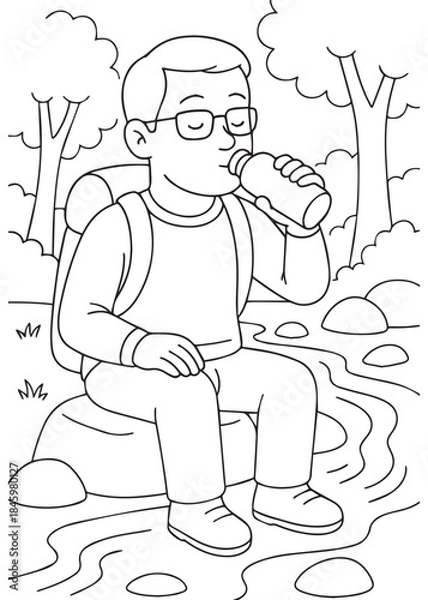 Obraz Coloring Book Dad drinking water beside a river