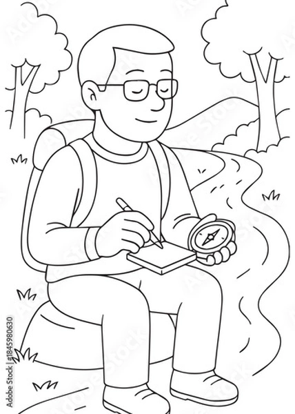 Obraz Coloring Book Dad using a compass while sitting near the trail