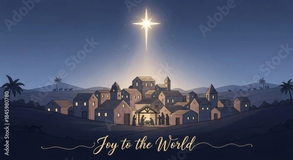 Obraz Bethlehem city with nativity scene under shining star, a Christmas concept illustration for holiday greeting card or banner