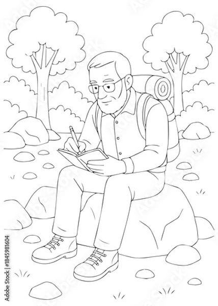 Obraz Coloring Book Dad writing notes while sitting on a rock at the campsite