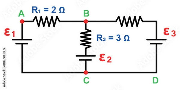 Fototapeta Three Battery Circuit With Resistors R1 And R3 Across Nodes A, B, C, and D
