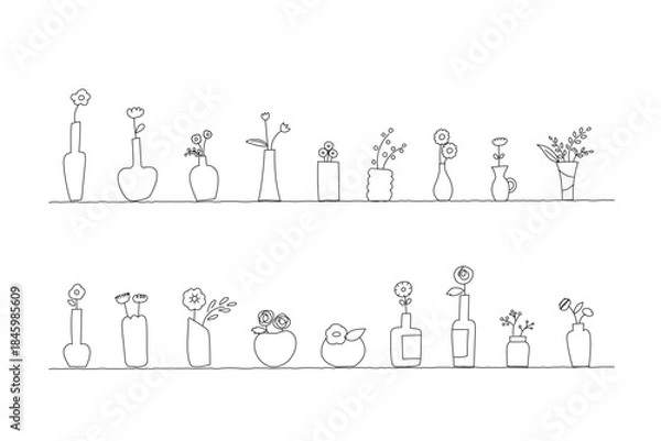 Obraz 色々なお花の花瓶が並んだ線画イラストセット　