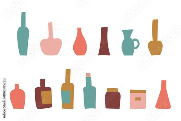 Obraz スモーキーカラーの瓶やボトルのイラストセット・様々な形