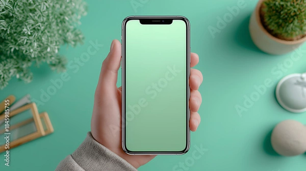 Obraz スマートフォンを手に持つナチュラルデスク風イメージ