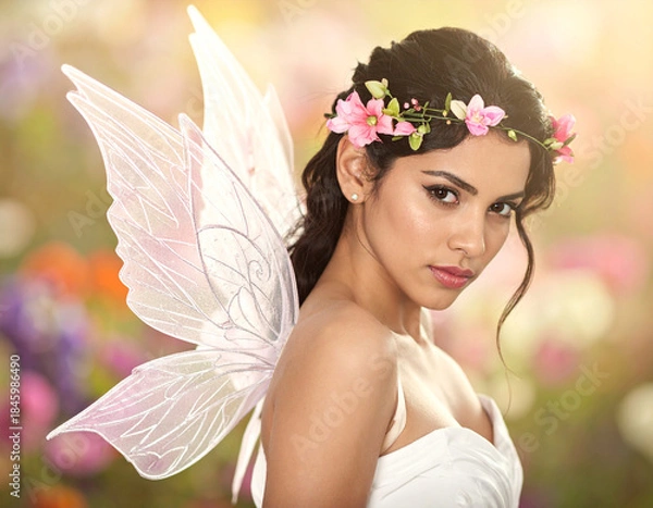 Obraz ピンクの花をまとった美しい花の妖精　花飾り　女性　ロマンチック