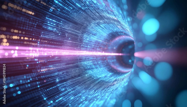 Obraz Big data and AI technology concept with visual data streams passing through a processing core, symbolizing data filtering, analysis, and intelligent systems.