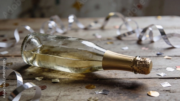 Obraz Festive champagne bottle surrounded by confetti and ribbons  