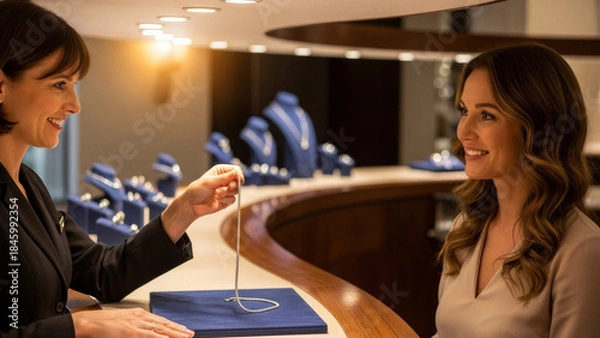 Obraz Sales associate showing necklace to smiling customer in jewelry store  