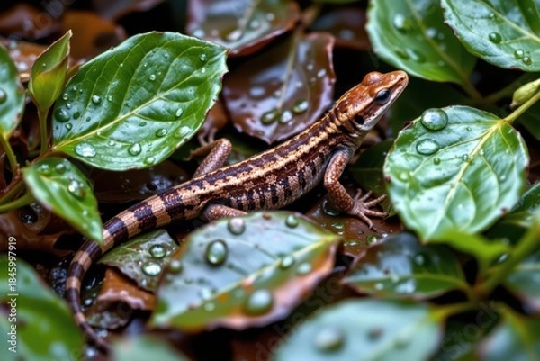 Fototapeta Striped Lizard Resting Among Wet Leaves After Rainfall, Natural Wildlife Beauty