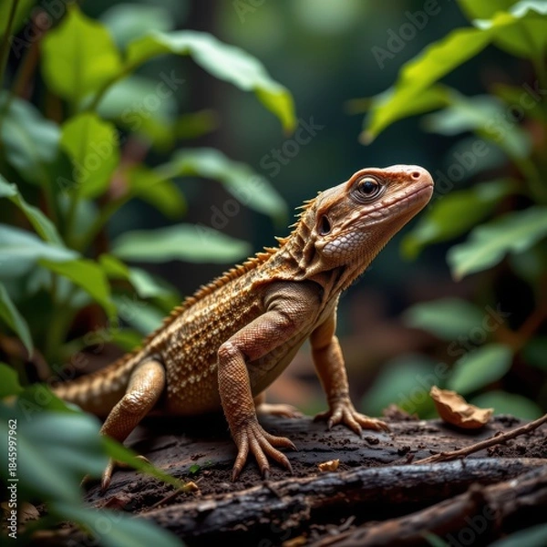 Fototapeta Detailed Lizard in a Lush Tropical Rainforest Environment - Wildlife Photography with Soft Natural Lighting, Copy Space for Text and Design