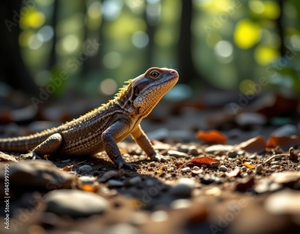Fototapeta Lizard basking in sunlight in a lush forest - a stunning macro shot with shallow depth of field and natural lighting
