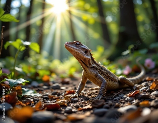Fototapeta Lizard in a sun-drenched forest: Cinematic Macro Portrait of a Calm Reptile in Nature