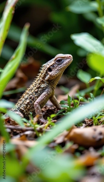 Fototapeta Camouflaged Lizard Amidst Greenery - Wildlife Photography with Copy Space