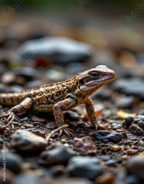 Fototapeta Macro Shot of a Perfectly Camouflaged Lizard Blending Into a Rocky, Earth-Toned Background, Perfect for Copy Space. Sharp Detail and Calming Aesthetics.
