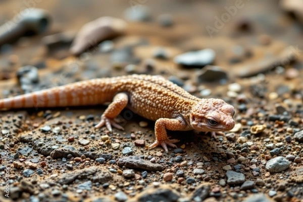 Fototapeta Leopard Gecko on rocky ground - Wildlife Photography, detailed scales and natural light with copy space. Captivating reptile portrait.
