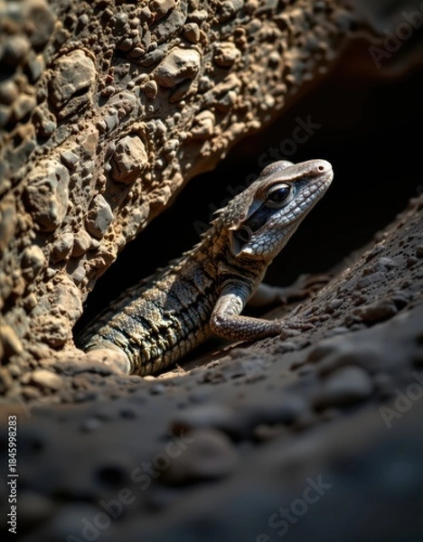 Fototapeta Lizard emerging from rocky crevice, wildlife portrait in natural light, focus on reptilian details, perfect for nature and reptile enthusiasts.