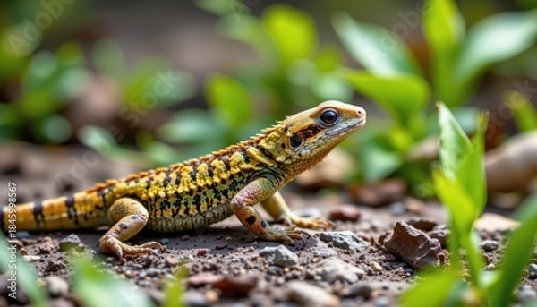 Fototapeta Vibrant Lizard basking in the sun, a wildlife portrait in a natural setting with soft lighting and copy space, a high-resolution image.