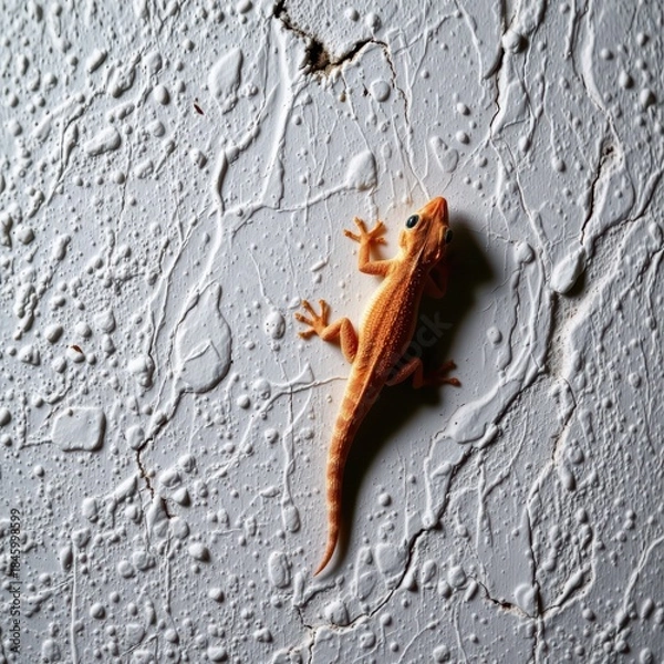 Fototapeta Orange Gecko Clinging to White Textured Wall at Night, Wildlife Photography with Copy Space, High Resolution Detail, Natural Lighting