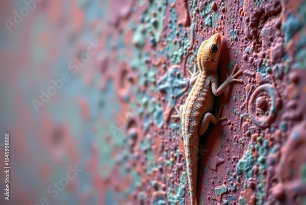 Fototapeta Close-up Gecko on Pastel Textured Wall - Macro Cinematic Style with Space for Text, Detailed HDR Image for Animal Lovers and Design