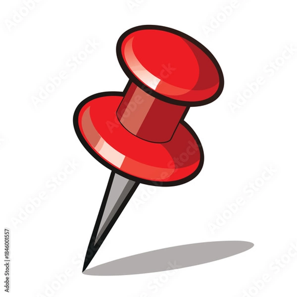 Obraz Single bright red pushpin on a clean white backdrop, signifying marking points, notes, and efficient organization.